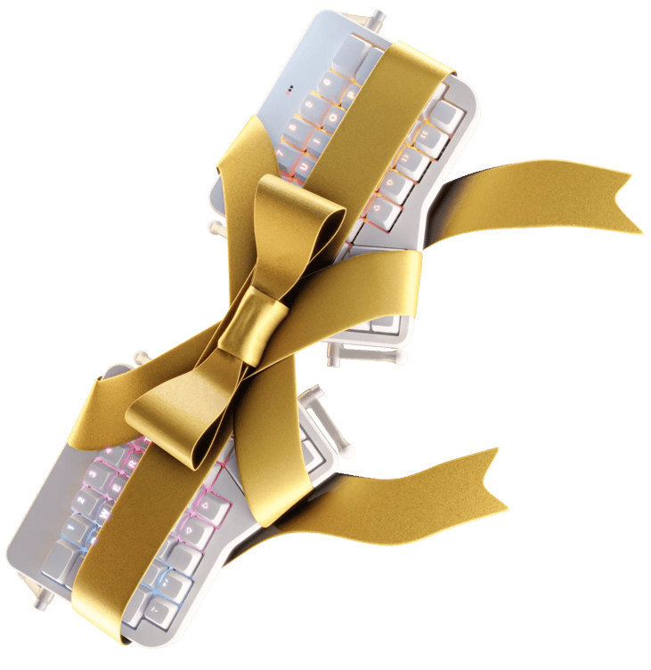 A white Ergodox-ez wrapped with a ribbon